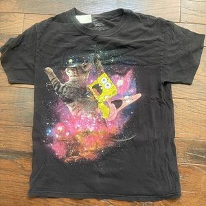Spongebob Squarepants And Patrick Riding A Cat In Space Black T-Shirt